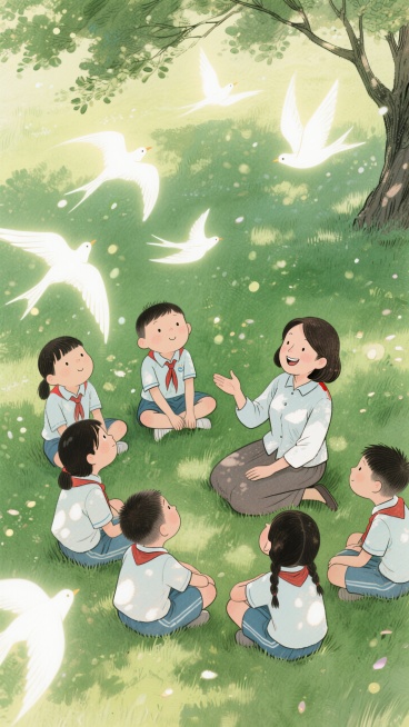 绿色调，学生们（穿着中国校服，姿态不一）和一位女老师一起坐在微风吹拂的草坪上互动的场景，学生们坐在草地上都抬头看着坐在草地上说话的老师，老师脸上带着笑意，几只动态的发光白鸟飞过装点画面，整个画面充满动预览效果