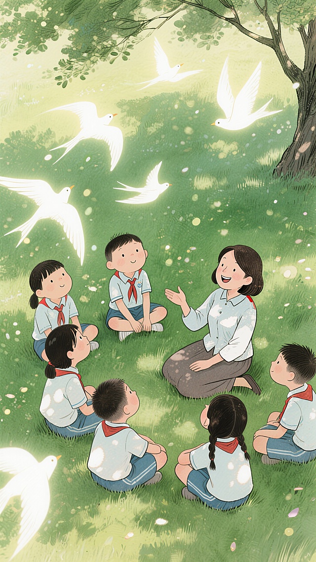 清新插画风，卡通感十足，师生共聚绿茵，白鸽飞翔，尽显童真与自然和谐之美。