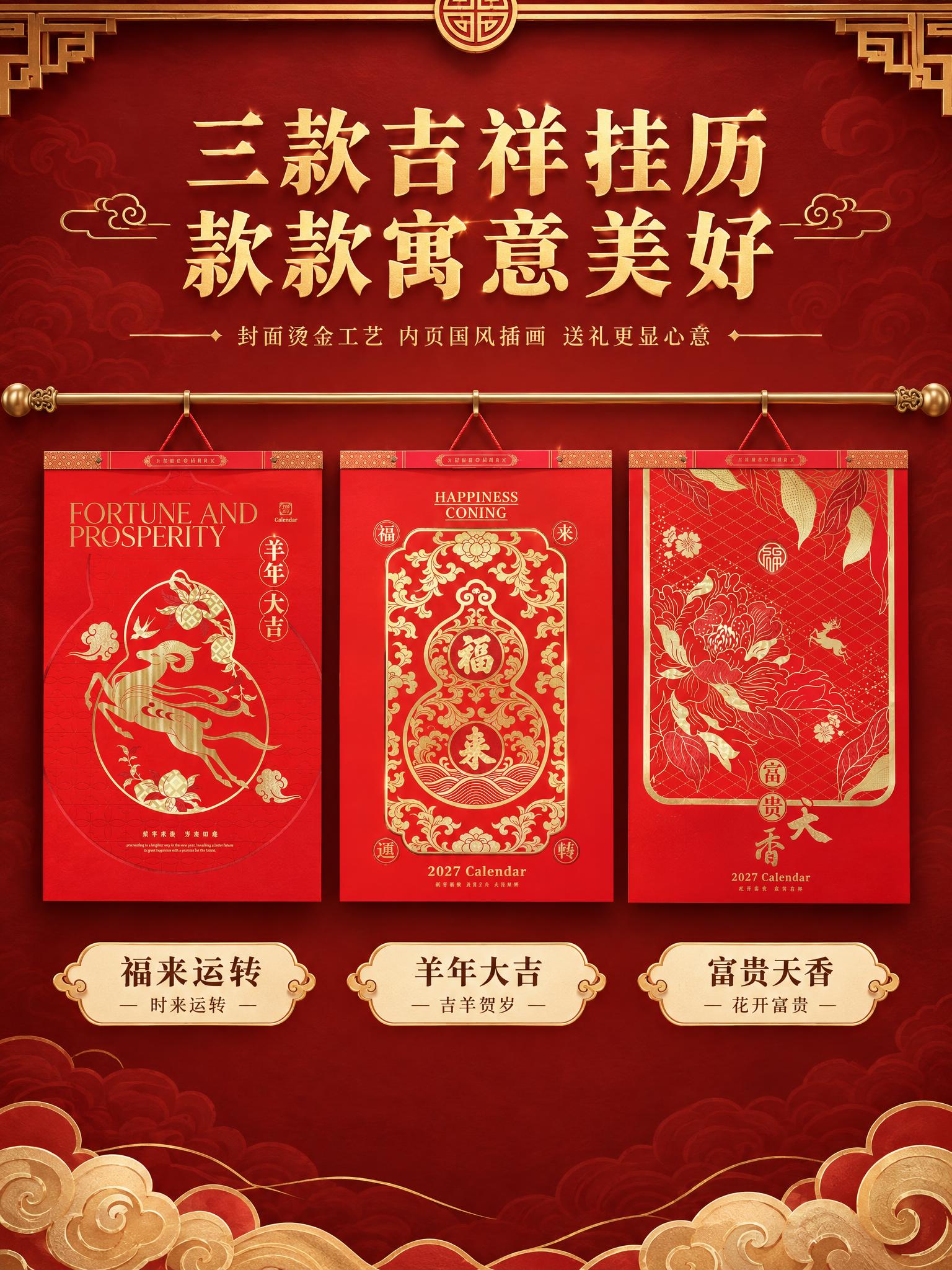 [商品] 使用3款封面挂历（羊年大吉、福来运转、富贵天香）；保… - 图片创意预览