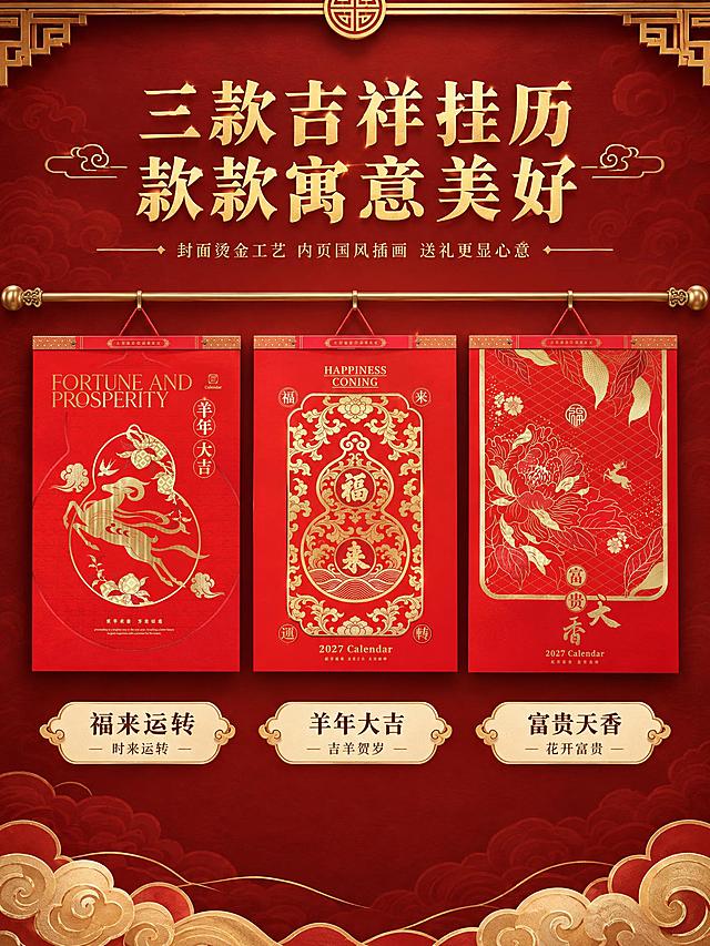 [商品] 使用3款封面挂历（羊年大吉、福来运转、富贵天香）；保留各款封面图案、颜色、挂绳与结构；3款挂历横向悬挂排列展示。
[画面] 页面目标：系列款式全家福，展示全部封面选择。构图：上下结构，上方标题区，中间3款挂历横向一字排开悬挂于金色挂杆上，每款间距均匀，正面朝向观众，底部在同一水平线上，形成整齐的款式矩阵。背景为渐变深红色+祥云暗纹，顶部有金色装饰横梁，底部有金色云纹装饰。3款从左到右依次为：福来运转、羊年大吉、富贵天香。
[视觉] 套系策略：风格=新中式国风商业摄影；标题字=书法宋体粗体；正文字=现代宋体；主色=中国红+米杏色；背景延展=基于米杏色+红色做深浅层级、宣纸纹理、木质质感；强调色=烫金色，仅用于图标、引线、装饰线条；标题色=烫金色（深底）；正文色=金色/米白；组件=圆角米白底信息卡、金色细引线、祥云装饰；光影=正面柔光，每款光影统一。
[文字] 顶部烫金色主标题"三款吉祥挂历 款款寓意美好"，下方金色小字"封面烫金工艺 内页国风插画 送礼更显心意"。每款挂历下方标注金色款式名与寓意："福来运转 时来运转"、"羊年大吉 吉羊贺岁"、"富贵天香 花开富贵"。
[规格] 图片比例3:4竖版，2K分辨率，避免变形、错字、文字过小、款式顺序混乱、各款大小不一致。