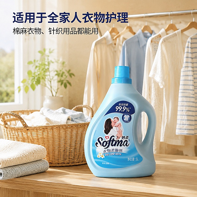 [第5屏] 家庭日常使用场景展示，真实生活化场景。本屏使用【图1】产品主体。
[氛围/风格] 温馨居家场景，自然生活化，温暖治愈风格，商业摄影质感。
[元素布局] 产品放置在客厅阳台洗衣区台面上，背景是晾晒好的干净衣物，周围搭配洗衣篮等家居元素，产品占比约50%，保持原有外观不变，场景自然不突兀。
[光影质感] 自然柔和日光从侧方照入，衣物带有通透光感，整体光影自然，层次感丰富。
[配色色系] 整体暖调浅色系，背景浅米白色，浅蓝色产品和浅木色台面搭配和谐。
[视角构图] 实景中景构图，产品自然融入场景，景深适中。
[文字版式] 左上角主标题"适用于全家人衣物护理"，副标题"棉麻衣物、针织用品都能用"，文字放在空白区域，不遮挡产品和场景主体。
[比例分辨率] 1:1正方形比例，2K分辨率，文字清晰可辨，高清画质。
[负向提示词] 产品变形，场景杂乱，文字遮挡产品，颜色偏差，包装文字模糊