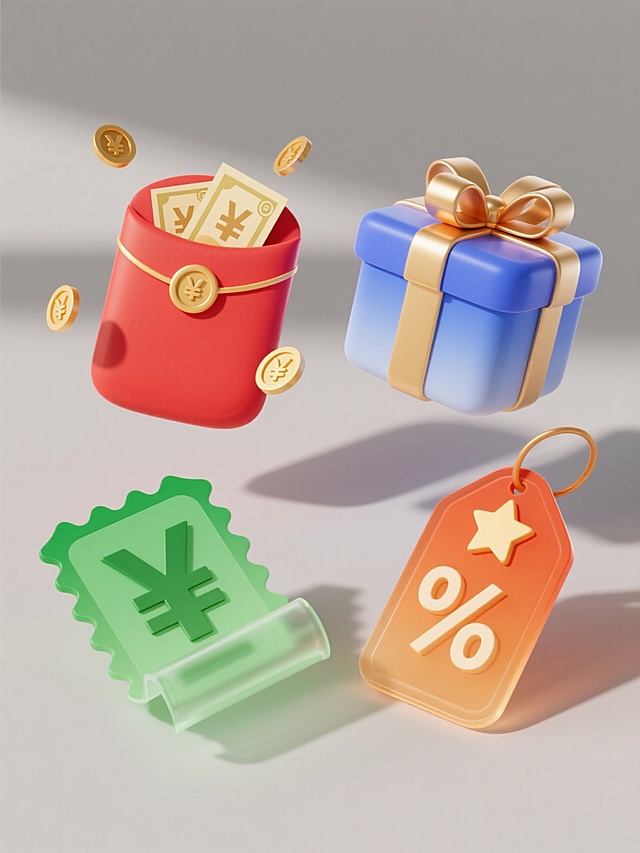 一组4个不同配色、不同样式、不同材质的电商促销元素，保持干净风格与干净背景，符合现实逻辑，适用于素材使用。每个元素均为3D立体设计，拥有圆润边角和光滑表面，呈现出柔和的渐变色彩与细腻的光泽感。第一个元素为红色系红包，表面有金色圆形按扣，搭配飘落的金色硬币和印有“¥”符号的纸币，整体充满喜庆氛围；第二个元素采用蓝色渐变礼盒造型，金色缎带蝴蝶结，礼盒表面有微妙的光影反射；第三个元素是绿色系优惠券样式，边缘有波浪形剪裁，搭配透明质感的塑料材质；第四个元素为橙色系折扣标签，立体数字与星形装饰，呈现出磨砂与亮面的材质对比。所有元素均具有清晰的轮廓和分明的层次，光影统一从左上方照射，产生自然的阴影效果，整体构图均衡，信息传达直观高效，符合电商促销的视觉需求。