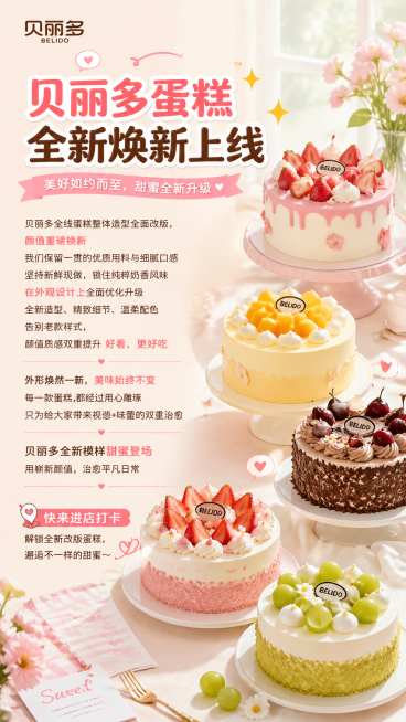 商业级海报，主题为“贝丽多蛋糕 · 全新焕新上线”，明亮可爱风格，浅色系背景。包含完整文案："美好如约而至，甜蜜全新升级
贝丽多全线蛋糕整体造型全面改版，颜值重磅换新
我们保留一贯的优质用料与细腻口感预览效果