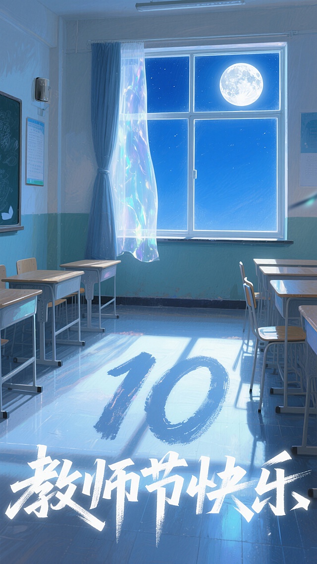 梦幻插画风教室，虚拟现实月光洒落，节日氛围浓厚。