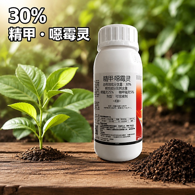 商业级产品摄影。
主体：农药瓶严格参照上传产品图，完整保留所有可见组件、部件、轮廓、结构、比例、材质、颜色与产品本体上的文字信息（logo/型号/规格/参数/浮雕/刻度等），与上传图完全一致；自然融入场景光影，与场景共处同一物理空间。产品占画面60%~70%，完整不裁切，绝对视觉主导，近景构图，背景无其他同类产品。清除产品本体之外的卖点、水印、价格、排版角标、装饰边框等营销信息。
构图：居中构图，微侧15°平视，视角偏转≤45°。
风格：森系自然。
场景概念：清晨花园土壤旁的木台面上，晨光洒落的农业种植场景。
承载与空间：①承载面：深棕色原木台面，带有自然木纹纹理，质感温润；②背景：柔焦虚化的绿色植物叶片与褐色土壤，远景朦胧，突出主体。
陪衬物：①产品左侧，一小株嫩绿的植物幼苗，叶片饱满鲜活，高度约为产品的三分之一；②产品右前方，一小堆湿润的褐色营养土，颗粒质感自然；③产品后方左侧，几片新鲜的绿色植物叶片，边缘清晰，叶脉可见。
配色：主色调60%深棕原木色，辅助色25%植物嫩绿，点缀色15%土壤褐色与瓶身白红。画面实际颜色5种：深棕/嫩绿/褐色/白色/红色。
材质：画面实际材质5种：原木/植物叶片/土壤/塑料瓶身/纸质标签。
光影：主光从左前侧45°斜入的清晨柔和自然光，照亮瓶身正面标签；辅光为右侧环境反射补光，阴影边缘柔和过渡；瓶身塑料表面呈现哑光柔反质感，标签文字清晰锐利。
画面左上角添加商品名称文字，文字内容为"30% 精甲・噁霉灵"，字体为粗黑体，白色带黑色描边，清晰醒目，无其他任何文字。
参数：4K 写实光追。严格锁定宽高比为 1:1。