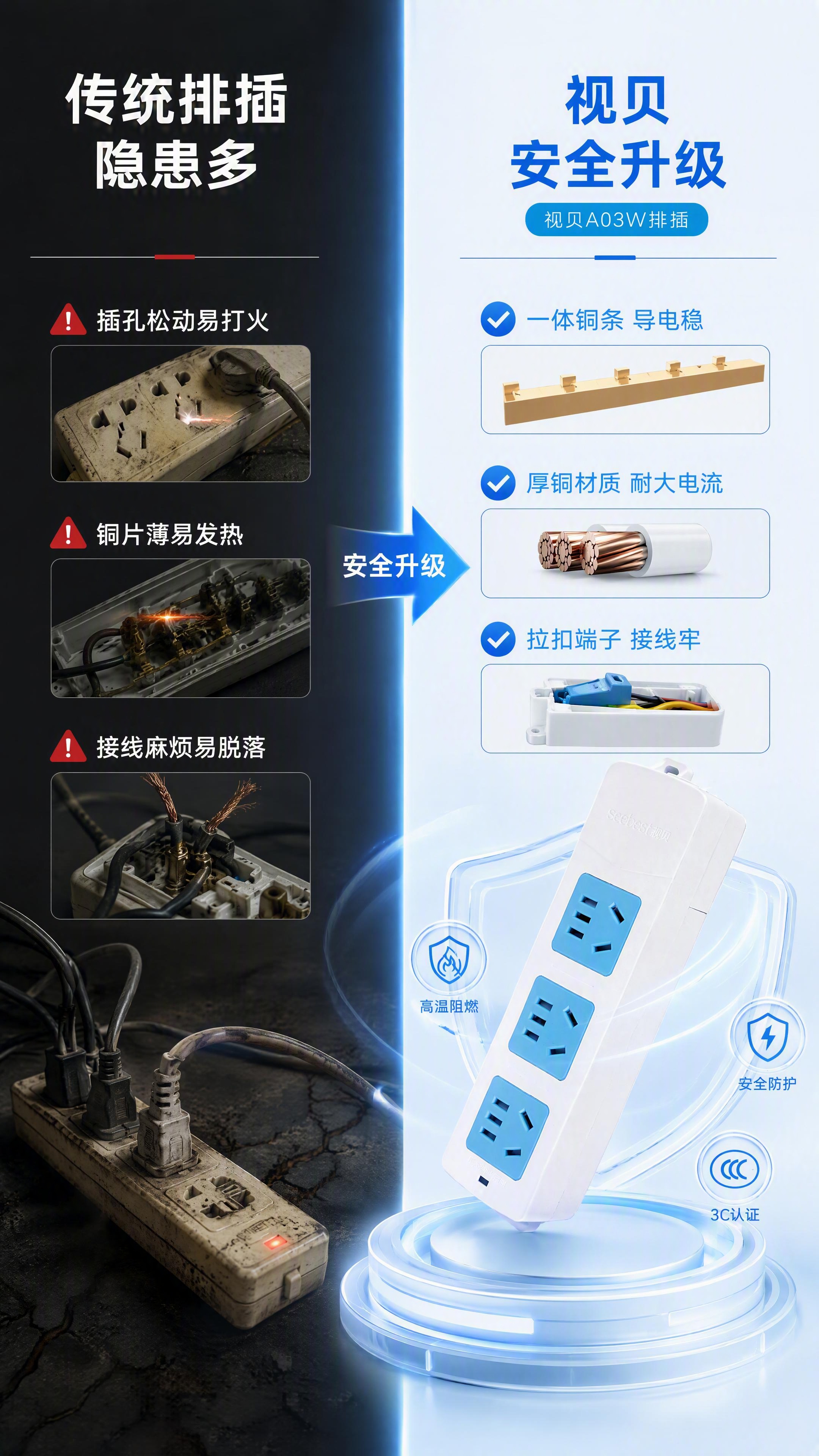 [第2张] 痛点对比页-视贝A03W排插传统隐患与安全升级对比… - 图片创意预览