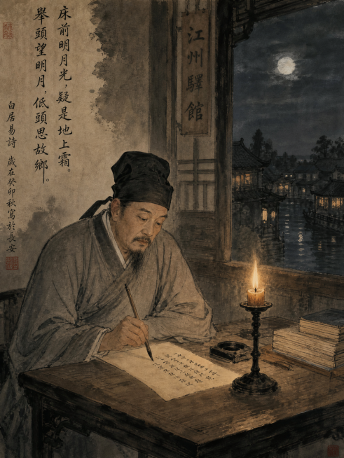 Bai Juyi writing a poem by candlelight in an ancient inn, homesick atmosphere, night time, tradition预览效果