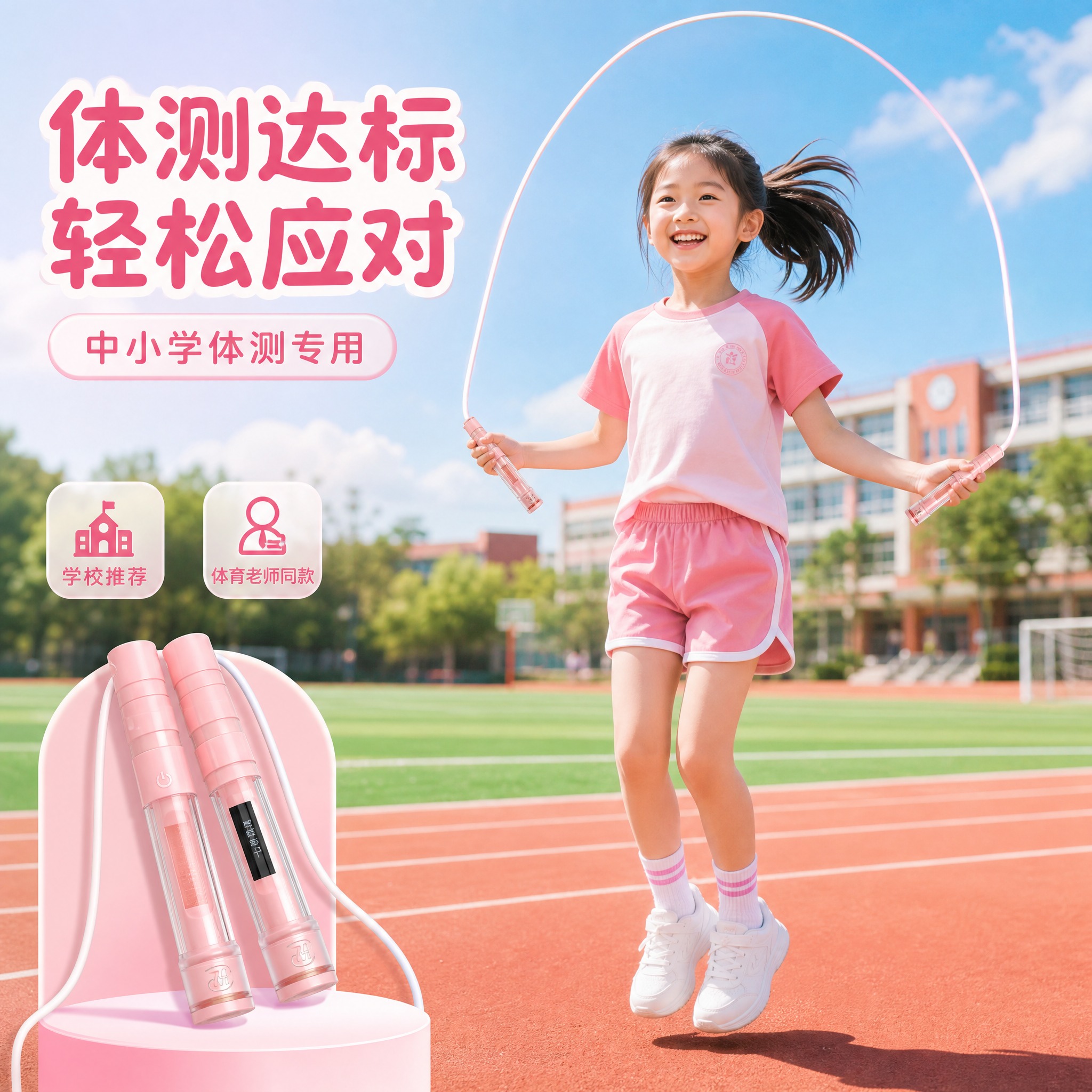 [主图-4] 使用场景图，展示小学女生在校园操场使用粉色流沙跳… - 图片创意预览