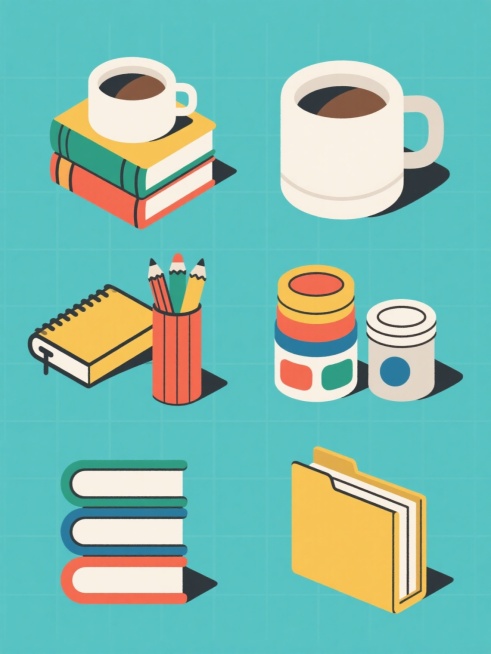 一套6个完全不同元素内容的系列素材集合，保持规整的网格排布，每个素材均采用相同的扁平插画风格，包含粗轮廓线条、均匀平涂色彩、简洁几何形状构成的物体，以及轻微的体积感表现，每个素材都有自己独特的纯色背景且整体色彩各异，元素类目保持一致但具体内容完全不同，如堆叠的书籍、堆叠的咖啡杯、堆叠的笔记本、堆叠的铅笔盒、堆叠的颜料罐、堆叠的文件夹预览效果