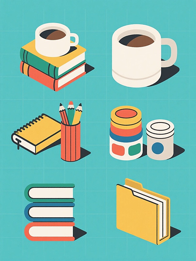一套6个完全不同元素内容的系列素材集合，保持规整的网格排布，每个素材均采用相同的扁平插画风格，包含粗轮廓线条、均匀平涂色彩、简洁几何形状构成的物体，以及轻微的体积感表现，每个素材都有自己独特的纯色背景且整体色彩各异，元素类目保持一致但具体内容完全不同，如堆叠的书籍、堆叠的咖啡杯、堆叠的笔记本、堆叠的铅笔盒、堆叠的颜料罐、堆叠的文件夹