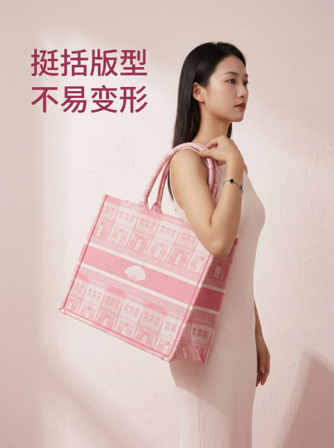 [主图4] 女士手提袋版型展示图，保持产品外观和原图100%一致。同一位亚洲女性模特侧身站立，手提包包自然下垂，完整展示包包挺括版型和整体轮廓，背景为简约干净的浅粉色肌理墙面，柔和均匀影棚光线，突出包预览效果