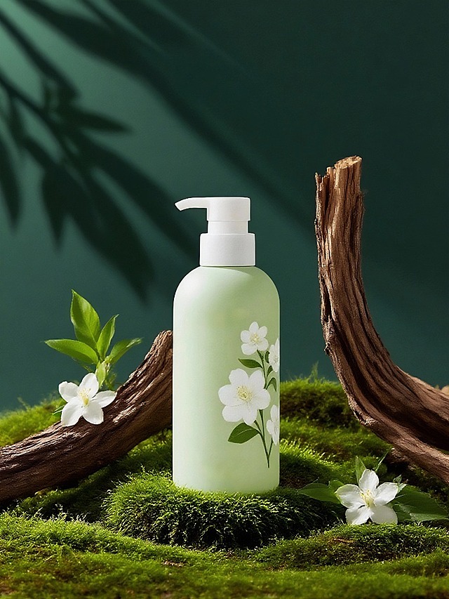 主体放置在覆盖苔藓的地面上，周围有枯木、绿叶、绽放的茉莉花，背景为深绿色，树影