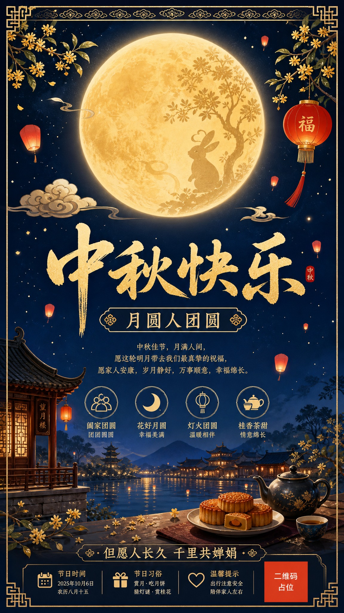 国风新中式中秋节祝福海报，小红书发布竖版。画面主体为超大一轮暖… - 图片创意预览