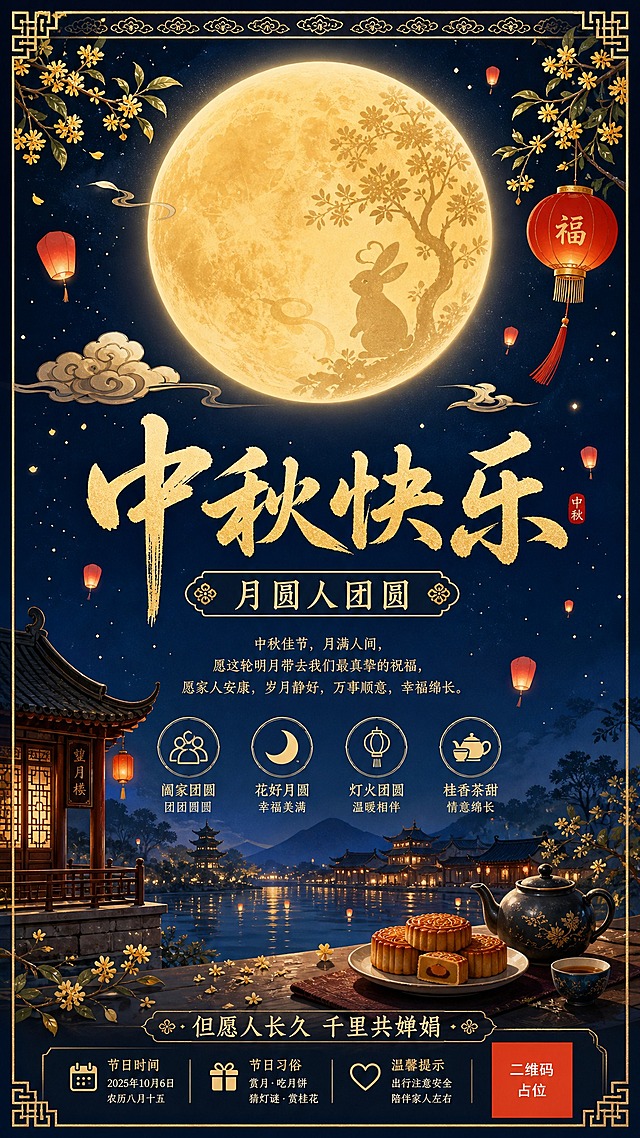 国风新中式中秋节祝福海报，小红书发布竖版。画面主体为超大一轮暖金色圆月悬挂在深蓝夜空，月中隐约可见玉兔与桂花树剪影，周围漂浮祥云、孔明灯与朱红色灯笼，夜空下点缀淡金色桂花枝和柔和月光光晕。整体采用国风新中式工笔插画风格，深蓝夜空与暖金月光、朱红点缀形成协调对比，氛围温馨团圆、唯美雅致。版式精美：顶部为细窄云纹装饰栏，中央主标题大字“中秋快乐”，下方副标题“月圆人团圆”，底部居中一行装饰短句“但愿人长久 千里共婵娟”，四角以传统纹样和桂花枝做轻装饰，文字放在负空间，深底亮字清晰可读，四边保留安全边距，信息层级分明。超高清画质，柔和光晕，9:16竖版构图。画面中所有二维码区域使用纯色方块占位符呈现，方块中央标注“二维码占位”文字，严禁生成任何可识别的二维码图案。画面中所有信息区域、套餐卡片、价格表格、权益列表、对比模块、福利条目、课程大纲、议程、嘉宾介绍区等必须填充完整合理的内容，不得出现空白框、空白占位、横线待填写区域、空列表项、空单元格；用户未提供具体内容时，基于海报主题和场景合理补全典型内容，确保是完整可用的成品海报而非待填写模板。
