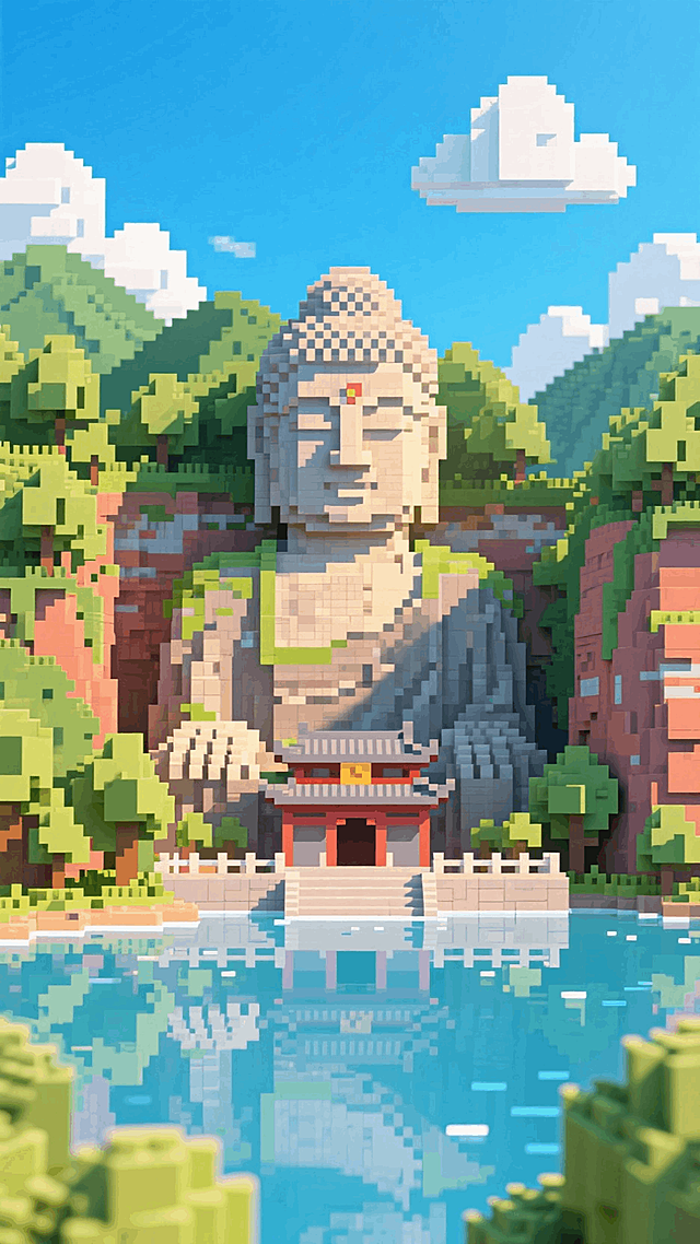 四川乐山大佛全景，蓝天、白云、青山、河流装饰