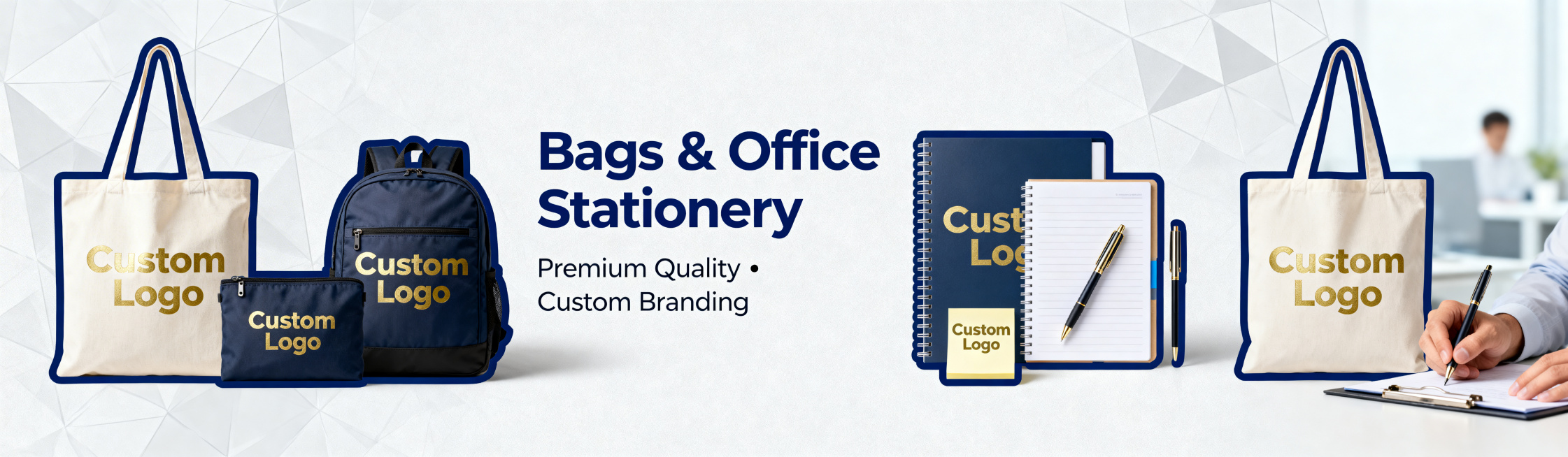 商务banner设计，画面布局：左侧是帆布袋、无纺布手提袋、背包，右侧是笔记本、签字笔、文件夹、便利贴，所有产品都印有Custom Logo，无中文，产品层次排列，商务质感强。背景是纯色冷灰，叠加极淡预览效果