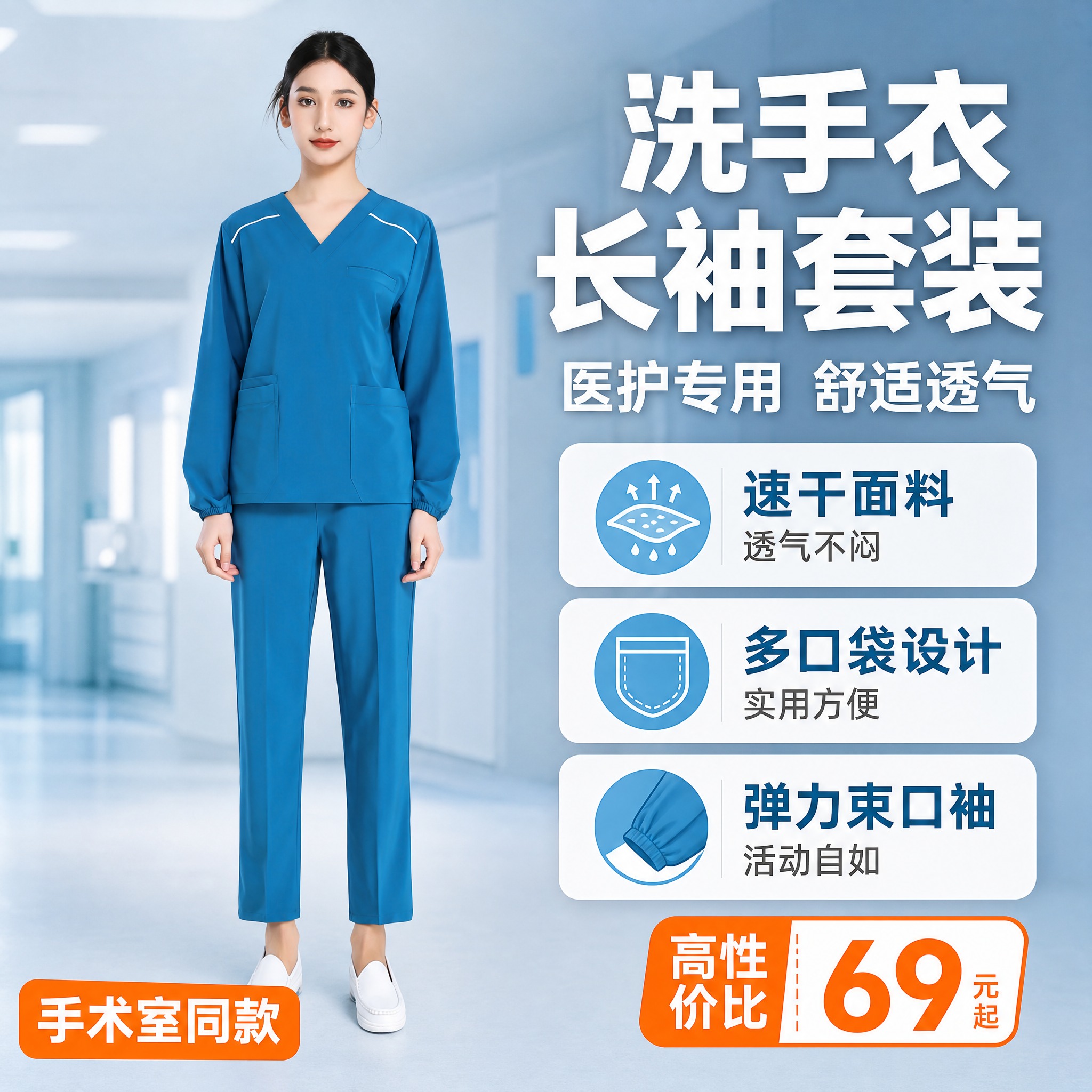 [主图-1] 核心卖点首图，主题为湖蓝色长袖洗手衣分体套装，突… - 图片创意预览
