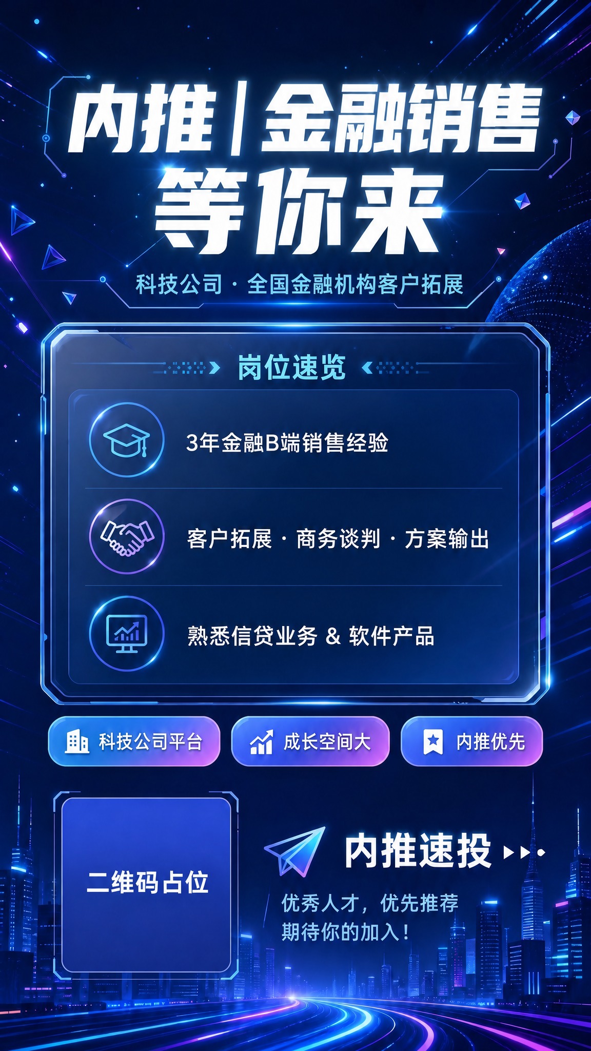 将海报中岗位速览第一条的文字"本科 + 3年金融B端销售经验"… - 图片创意预览