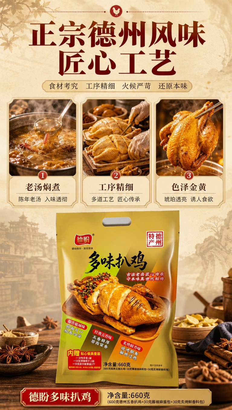 [商品] 使用【图1】德盼多味扒鸡金色包装袋作为辅助元素；保留… - 图片创意预览