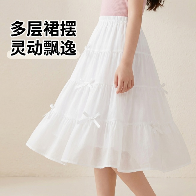 3. [主图 3：裙摆细节展示] [主图主题]: 白色蛋糕裙摆蝴蝶结细节展示 [氛围/风格]: 甜美公主风，细腻质感棚拍 [画面元素]: 中景特写展示白色蛋糕裙多层荷叶边裙摆以及蝴蝶结装饰细节，同一位预览效果
