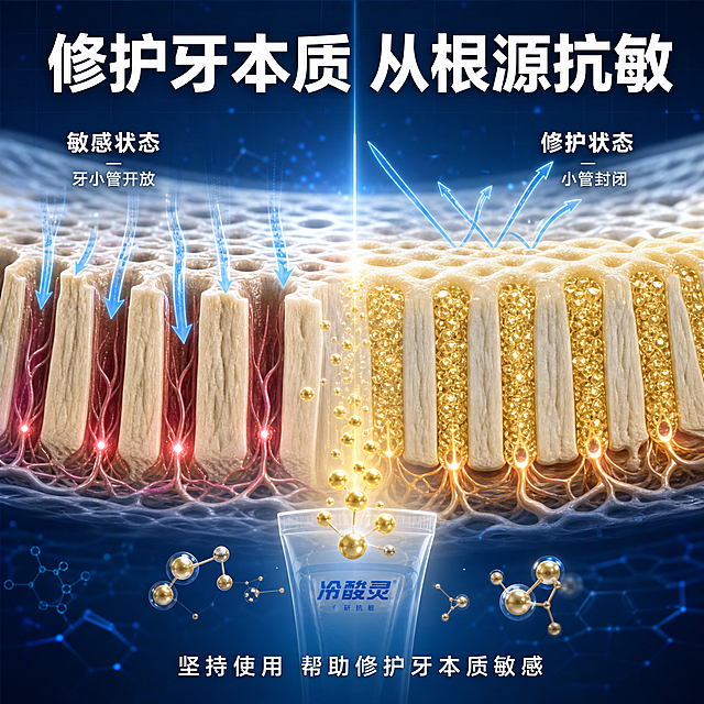 [主图-2] 牙本质小管修复原理 微观医学3D 硬核科普
[氛围风格] 硬核医学科普 微观牙本质 3D解剖可视化 专业医疗风
[画质] 3D医学渲染质感 细节清晰 光线通透 画面干净高级
[元素] 画面展示高精度3D牙本质小管微观结构 左侧是敏感状态（牙小管开放 红色神经末梢暴露 有蓝色刺激箭头进入） 右侧是使用后状态（牙小管被金色矿物质填充封闭 神经末梢被保护 刺激箭头被阻挡）。中间有渐变过渡区 底部有冷酸灵牙膏管半透明剪影 金色分子从牙膏中释放向上进入牙小管。背景是深蓝色渐变医学风格 带有细微网格线与光点。画面满屏无边框
[光影] 中心主光源照亮牙本质结构 形成通透效果 矿物质有金色高光 神经末梢有微红发光 整体医学专业感极强
[配色] 主色深蓝 牙本质米白 辅色金色矿物质 红色神经 蓝色刺激波
[视角构图] 正面平视 左右对比布局 视觉重心在中部牙小管结构 景深极浅
[文字版式] 顶部居中主标题 修护牙本质 从根源抗敏 白色大号粗体无衬线字。左侧标注 敏感状态 牙小管开放 白色中号字。右侧标注 修护状态 小管封闭 白色中号字。底部横排 坚持使用 帮助修护牙本质敏感 白色小号字 居中。文字清晰可读 层次分明
[输出要求] 1:1比例 文字清晰可辨 超高清3D医学渲染质感
[负向提示词] 变形 文字错乱 产品图模糊 背景杂乱 水印 电商平台Logo 二维码 治疗功效暗示