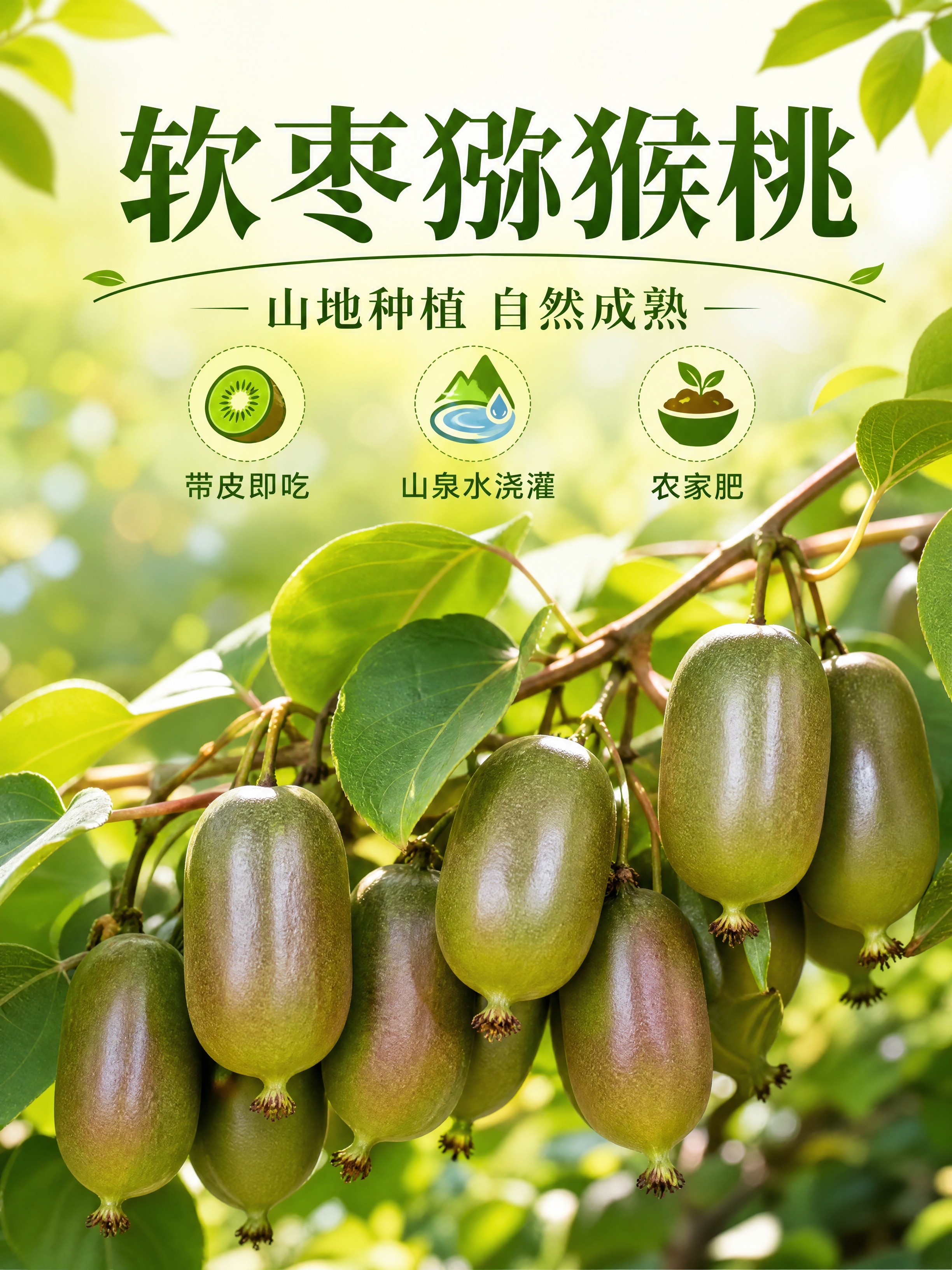 电商详情页头图，生鲜水果软枣猕猴桃。使用参考图中的挂枝果实，保… - 图片创意预览