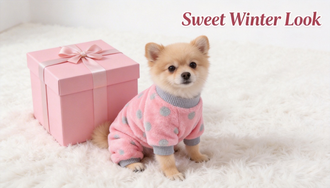 A lovely small dog wearing the pink plush jumpsuit with gray polka dots, sitting on a fluffy white c预览效果