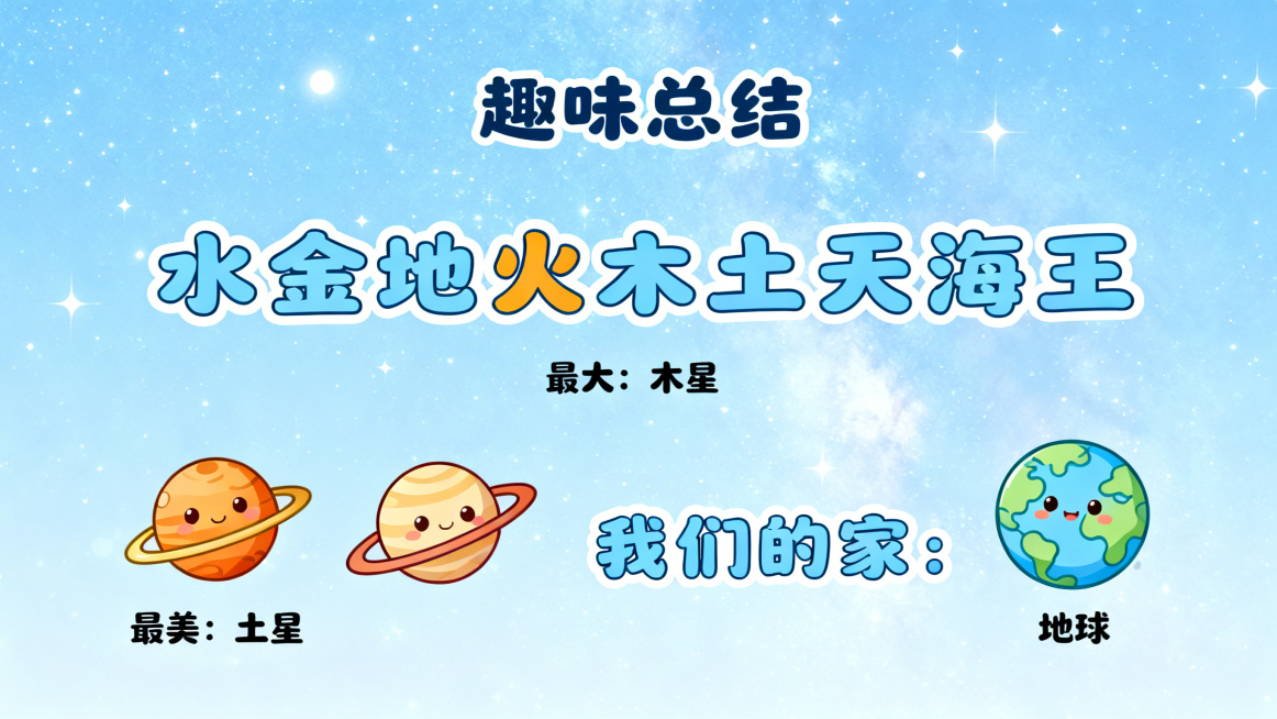 小学生太阳系科普演讲PPT内容页，同系列卡通童趣风格，浅蓝星空背景，顶部标题为"趣味总结"，下方依次列出：八大行星：水金地火木土天海王；最大：木星；最美：土星；我们的家：地球。搭配对应Q版卡通行星小图预览效果
