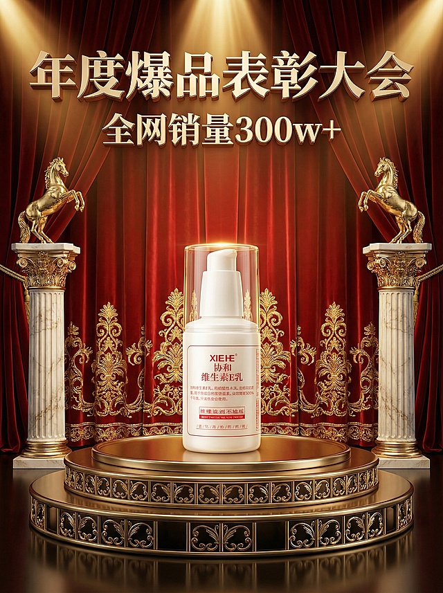 写实风，奢华感，主色调为高饱和亮红搭配奢华金色，舞台下方仰视视角。主体位于舞台上的双层金属圆形展台上（占30%视觉比例），顶部暖色聚光灯投射于主体，背景为垂坠感红色丝绒幕布（装饰金色走线），两侧装饰华丽金马造型欧式石柱（前景左右对称）。画面上方为3d金属细体亮金色文字“年度爆品表彰大会”，副标题金属小字“全网销量300w+”。