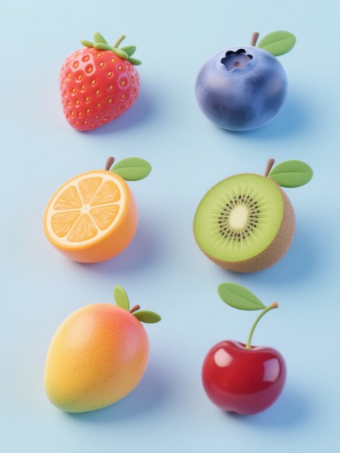 一张展示六种不同水果的软3D风格系列海报，纯色背景，每种水果保持与原图蓝莓相似的圆润饱满造型和细腻光泽质感，整体色彩统一变换为柔和明快的马卡龙色系，水果元素包括草莓、橙子、葡萄、猕猴桃、芒果和樱桃，它们以规整的2x3网格排布，每个水果都带有几片绿色叶子点缀，视觉层次清晰，整体设计简洁清新，具有良好的信息传达效率和现代设计感。预览效果