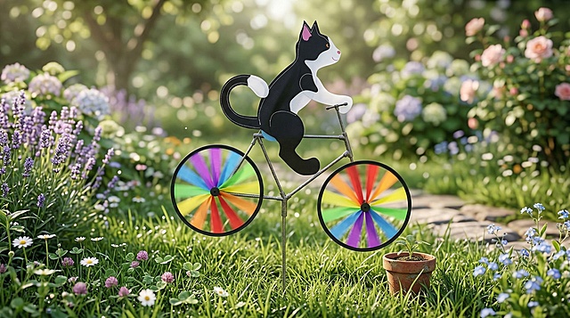 以图中的猫咪骑车立体风车摆件为元素，保持摆件主体特征不变，放置在花园草地场景中，画面清新自然，风格真实