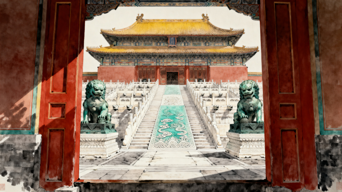 国风工笔淡彩水墨风格，主色调朱红、明黄、青灰、赭石。镜头穿过午门门洞沿中轴线推进，最终仰拍太和殿，从下方仰视殿身高耸，重檐飞翘，斗拱错落排布，檐下和玺彩画隐约可见，太和门前雄踞双铜狮纹理分明，脚下是青预览效果