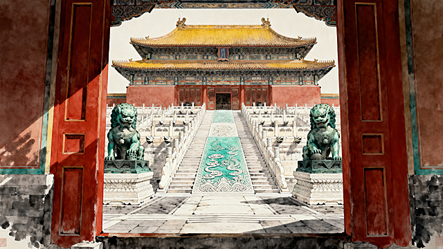 国风工笔淡彩水墨风格，主色调朱红、明黄、青灰、赭石。镜头穿过午门门洞沿中轴线推进，最终仰拍太和殿，从下方仰视殿身高耸，重檐飞翘，斗拱错落排布，檐下和玺彩画隐约可见，太和门前雄踞双铜狮纹理分明，脚下是青白石御道带有温润包浆，两侧汉白玉台阶雕刻缠枝莲纹与祥云浮雕，三层汉白玉须弥座台基层级分明，螭首整齐昂首排布，尽显皇家宫殿恢弘气势与严苛营造法度，整体光影明暗交错，氛围庄重威严。
