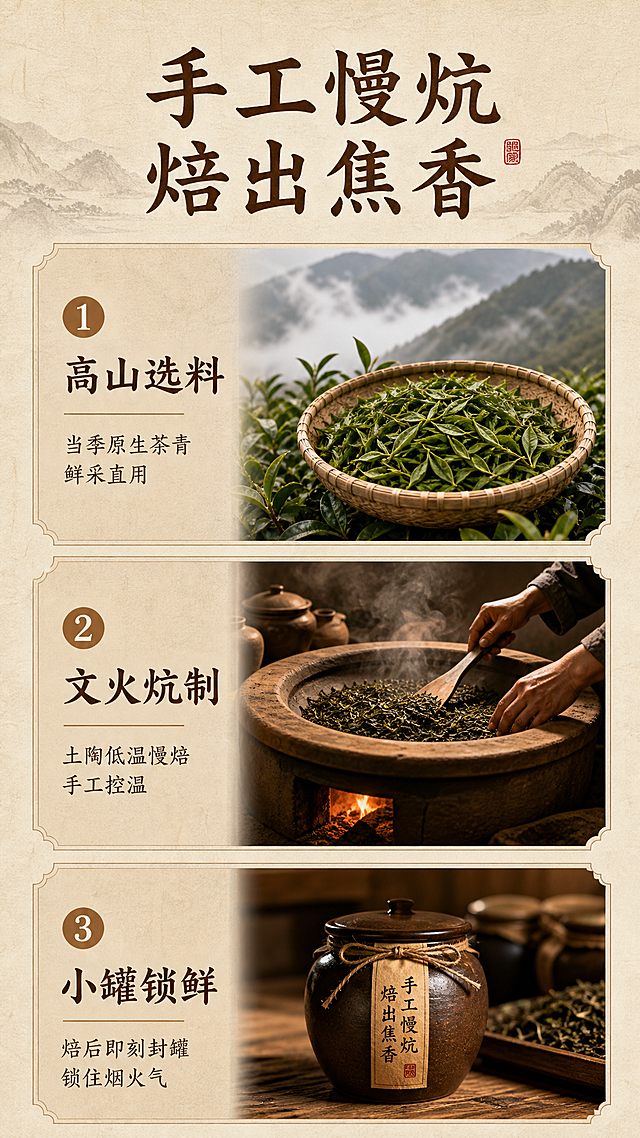 [第3屏] 非遗工艺页，手工慢炕焙出焦香工艺讲解。
[氛围/风格] 古朴自然，工艺感强，传统制茶工艺文化氛围，高清写实风格。
[元素布局] 上部分为主标题，下方分三行竖向排列三道工序，每个工序搭配对应场景示意，从上到下依次为：高山选料、文火炕制、小罐锁鲜。整体布局清晰，每个工艺模块占比均匀，核心工艺信息放大展示。背景保持浅褐宣纸纹理。
[光影质感] 均匀柔光，每个工艺模块光影层次分明，文字清晰。
[配色色系] 全局底色 #F5F0E6；主色：深褐色标题文字，辅助色：浅褐色模块底衬，和整体风格统一。
[视角构图] 从上到下纵向排版，符合手机阅读习惯，动线清晰。
[文字版式] 顶部主标题：手工慢炕 焙出焦香，书法风格宋体居中；每个工序配编号+标题+短句说明：1.高山选料：当季原生茶青 鲜采直用；2.文火炕制：土陶低温慢焙 手工控温；3.小罐锁鲜：焙后即刻封罐 锁住烟火气。每个工序短句左对齐，搭配浅褐色圆形序号标识，字体保持书法风格宋体统一。
[比例分辨率] 宽度1080px，高度1920px，9:16竖版比例，4K分辨率，文字清晰可辨，高清画质。
[负向提示词] 工序排列混乱，文字模糊，颜色偏差，背景杂乱，水印。