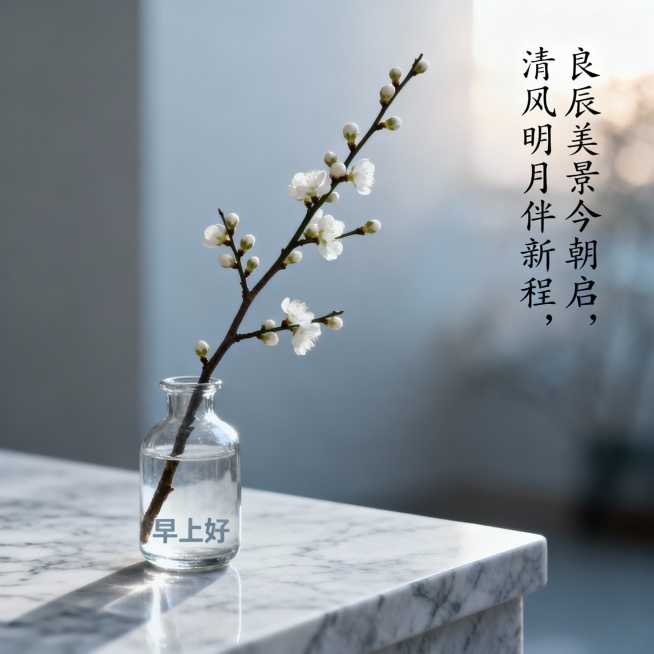 ### **1. 晨间财喜**
**祝福语：** 晨光熹微照福来，财喜盈门笑颜开（位于画面左侧，从上到下竖排书法体）
**提示词：**
中式早餐静物摄影，深色木桌上摆放一套青花瓷盖碗茶具，碗盖斜置，热预览效果