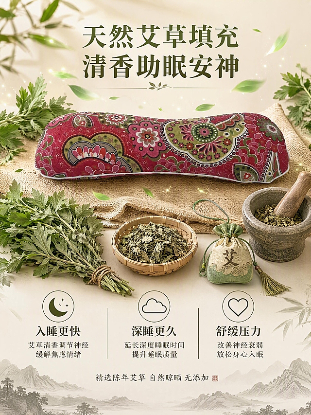 [第3张] 艾草助眠卖点深度解析页。本张使用【图1】作为商品主体。
[氛围/风格] 自然养生氛围感，艾草元素丰富，静谧安神，商业摄影质感。
[元素布局] 画面中央偏上放置红色花纹骨头形颈椎枕，周围环绕飘散的艾草叶和淡绿色清香粒子特效，象征艾草香气散发。枕头下方铺一块粗麻布，旁边摆放：新鲜艾草束、干燥艾草叶装在竹编小筐里、一个古朴的艾草香囊、石臼中杵着艾草。背景为浅米色渐变，底部有淡淡的水墨山水纹理。**保持枕头外观（骨头形状、红色花纹、粗布材质、颜色）与输入产品图完全一致**。商品主体占比约40%。
[光影质感] 顶部柔光均匀布光，光线柔和明亮；艾草叶和清香粒子有微光通透感；整体氛围静谧自然，阴影柔和。
[配色色系] 全局底色 #F0EBE0（浅米黄）；主色枣红 #8B2323；辅助色艾草绿 #7BA05B、竹编棕 #B8956E；点缀色淡绿清香粒子。
[视角构图] 俯视微平角度，枕头居中偏上；下方和两侧分布艾草元素；阅读动线从上标题→中产品→下卖点。
[文字版式] 顶部大标题宋体粗体「天然艾草填充 清香助眠安神」。下方三列图标+文字横向排列：第一列月亮图标「入睡更快」「艾草清香调节神经 缓解焦虑情绪」；第二列云朵图标「深睡更久」「延长深度睡眠时间 提升睡眠质量」；第三列心形图标「舒缓压力」「改善神经衰弱 放松身心入眠」。底部小字「精选陈年艾草 自然晾晒 无添加」。文字颜色深绿+深棕，清晰可读。
[比例分辨率] 3:4竖版比例，4K分辨率，文字清晰可辨，高清画质。
[负向提示词] 变形，水印，文字错乱，文字过小，缺件错件，结构错误，颜色偏差，产品图模糊，背景杂乱。