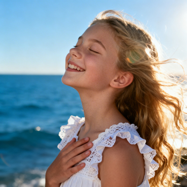一张超写实的专业人像摄影，15岁左右的外国可爱小女孩，金色长卷发被风吹起，闭着眼睛露出灿烂的笑容，4/3的侧脸，下巴上仰10度，一只手放在胸口，穿着带蕾丝荷叶边的白色无袖连衣裙，背景是蓝色的大海和晴朗预览效果