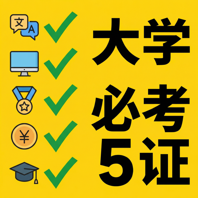 [image-极简平面设计。亮黄色背景。画面左侧列出了5个【证书图标】（如语言、计算机、职业资格等），每个图标后面都打了一个大大的【绿色对钩✅】。画面右侧写着巨大的黑色粗体字【大学生必考5证】。]预览效果