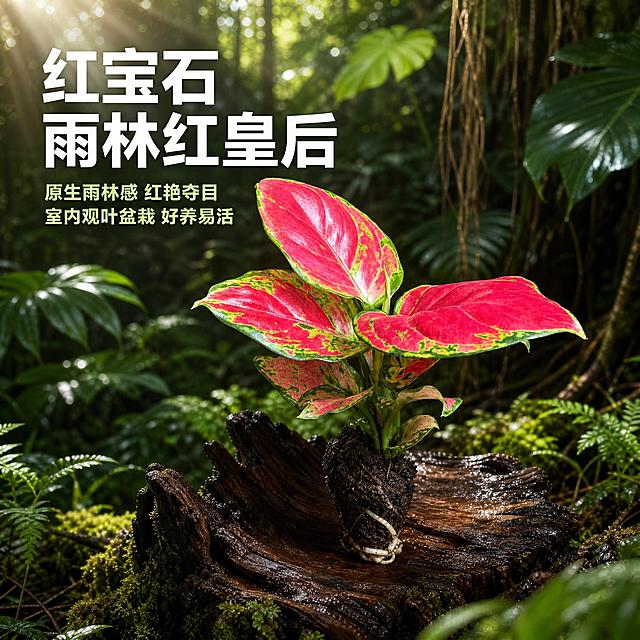 [主图-1] 热带雨林氛围英雄主图，展示红宝石盆栽（粗肋草/如意皇后）的惊艳叶色与雨林原生感。
[统一基调] 热带雨林自然氛围，高级商业摄影质感，清新治愈；主色为深绿+玫红+暖棕木色；标题字为白色粗体无衬线，辅助字为浅绿；字体统一现代无衬线；画面满版无边框，光源来自左上方自然柔光。
[画面] 红宝石盆栽苗放置在一块湿润的深棕色老树根木墩上，位于画面中心偏下，主体占比约65%。背景是虚化的热带雨林深处景象：层层叠叠的深绿色阔叶植物、垂落的气根、斑驳的阳光透过叶隙洒下丁达尔光束，地面覆盖苔藓与蕨类。盆栽叶片红艳鲜亮，绿色斑纹清晰，土壤与白色根系自然露出，与雨林环境融为一体。左上角留白处放置主标题。
[光影质感] 自然雨林柔光，主光从左上斜射，叶片有通透光泽，叶面反光自然，木墩与地面有柔和阴影，整体氛围湿润清新，有薄雾感。
[配色] 背景深绿墨绿为主，点缀蕨类浅绿与苔藓黄绿；产品叶色玫红鲜红，叶缘绿色斑纹清晰；标题白色，辅助文字淡绿色。
[文字版式] 左上角竖排区域，主标题大字"红宝石 雨林红皇后"白色粗体；下方小字两行"原生雨林感 红艳夺目""室内观叶盆栽 好养易活"，淡绿色小号字体；文字不遮挡主体叶片。
[输出要求] 1:1正方形，2048px，产品清晰锐利，叶片纹理细节丰富，文字清晰可读；负向：叶片变形、颜色失真、模糊、杂乱、水印、平台Logo、多余手指、手部畸形、人物面部。