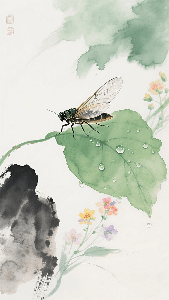 一只蝉趴在嫩绿的树叶上，蝉的翅膀上挂着晶莹的露水，背景为树叶旁边点缀着几朵鲜艳的小花，色彩柔和，与嫩绿的树叶形成鲜明对比。整体画面宁静清新，展现出夏日自然的美感与禅意。