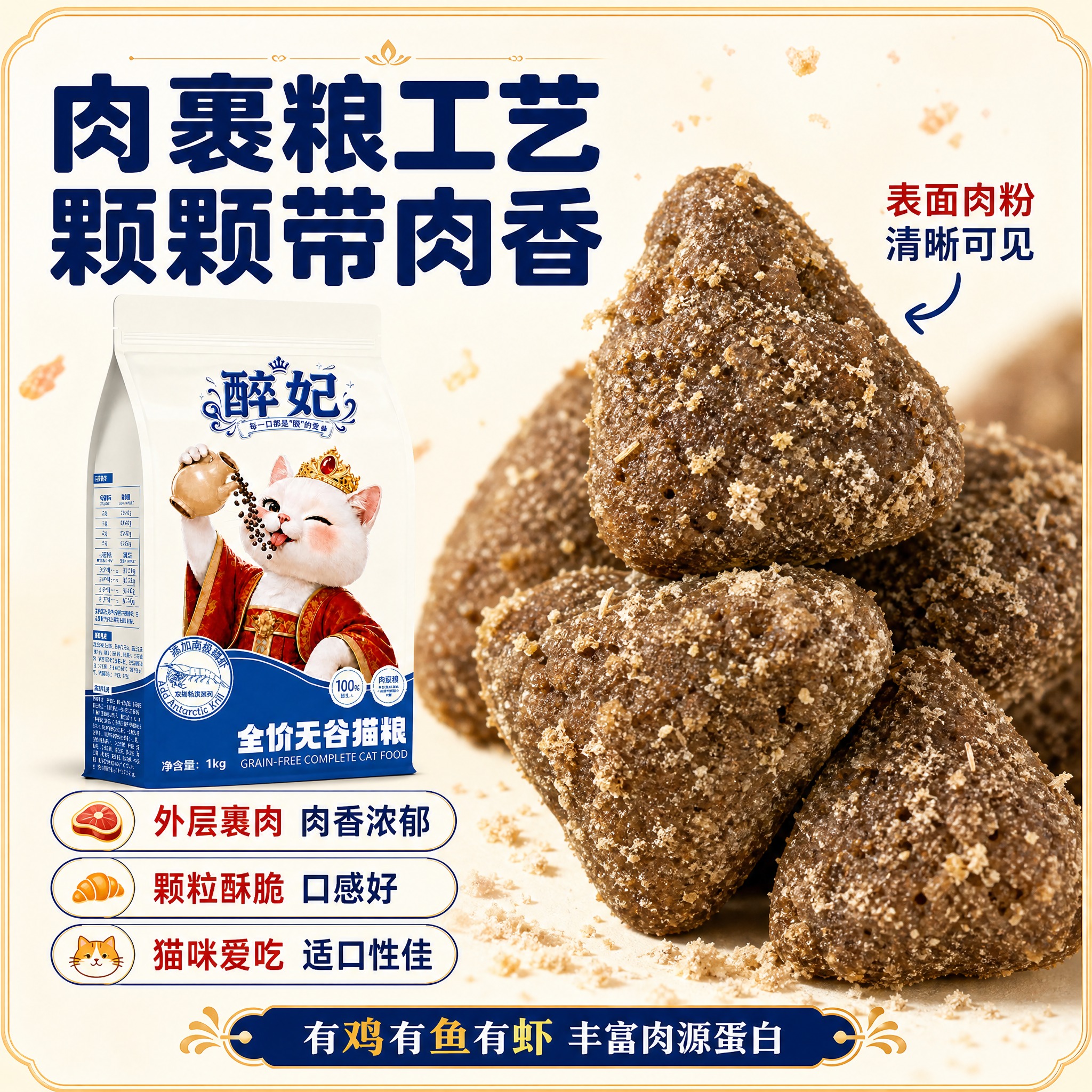 [主图-7] 肉裹粮工艺细节图，任务是放大展示猫粮颗粒的肉裹粮… - 图片创意预览