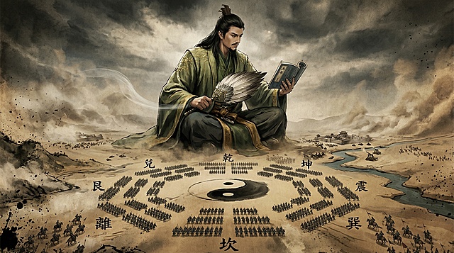 参考原图构图，创意改为巨大的人物诸葛亮轻轻摇着羽扇，另一只手拿着兵书，地面上的小人组成了一个八卦阵，古战场风格，三国水墨战争氛围感