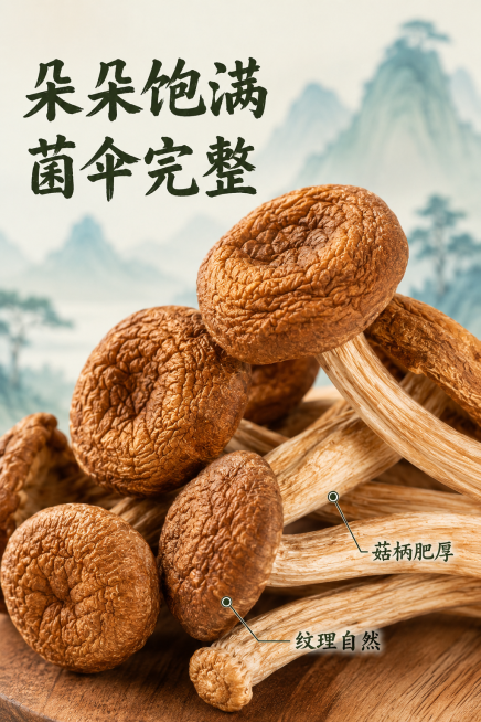 [第4屏] 品质细节特写屏，干茶树菇饱满质地微距展示
[氛围/风格] 新中式国潮风格，微距质感食欲感，商业摄影质感
[元素布局] 干茶树菇堆放在原木砧板上，菌伞完整菇柄肥厚，微距特写占据画面70%以上预览效果