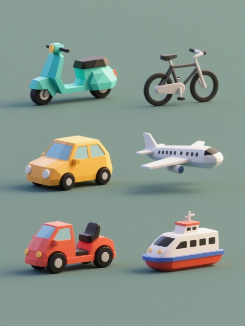 6个交通工具图标以2行3列的规整网格排布在纯色背景上，均采用与示例电动车一致的3D低多边形卡通风格，造型简约圆润，边缘光滑无棱角，色彩明快饱和，每个交通工具都有鲜明的主色调和简洁的黑色细节（如轮胎、座椅），光影柔和带有轻微体积感，包含电动车、汽车、自行车、飞机、火车、轮船，无任何文字、logo或水印。预览效果