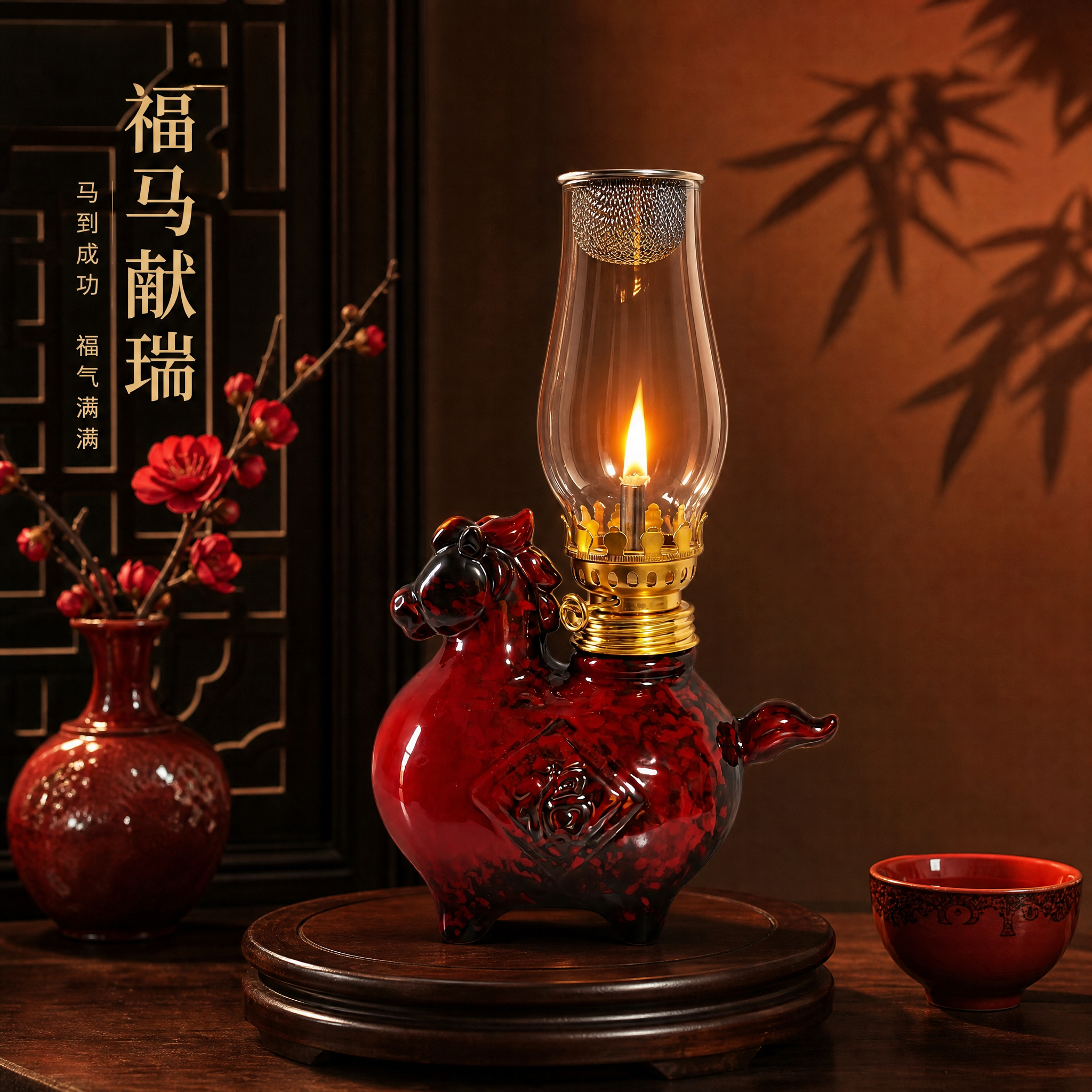 新中式暗调氛围摄影风格主图。福马酥油灯放置在深胡桃木案几中央的… - 图片创意预览