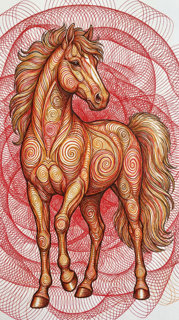 一匹健壮的成年马，头部轮廓清晰，耳朵竖立，眼睛明亮灵动，颈部修长微拱，浓密顺滑的鬃毛垂至肩部，背部平直肌肉线条流畅，四肢修长有力关节分明，蹄子结实圆润，长而蓬松的尾巴自然下垂，整体姿态挺拔优雅且充满力预览效果