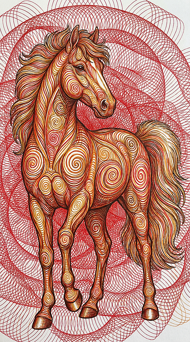 插画风骏马，以螺旋描边勾勒梦幻肌理，融合几何线条与视错觉艺术，金属质感浮雕效果，呈现唯美感与优雅感，背景红丝缠绕如火焰，象征新春祥瑞。