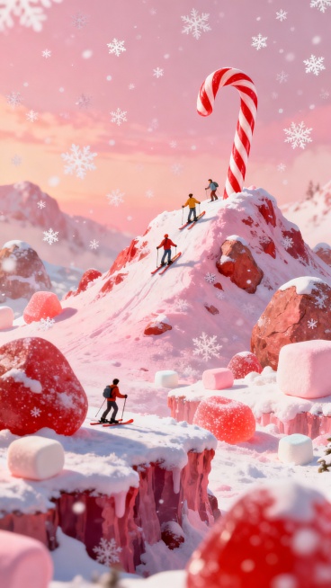 微型人们在巨大的拐杖糖山脉上滑雪，周围是巨大的软糖巨石和棉花糖悬崖，粉色和红色的冬日光芒笼罩着整个场景，天空中飘着童话般的雪花，充满了奇幻和 whimsical 的氛围预览效果