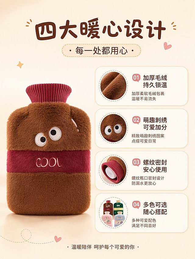 [第4张] 核心卖点页-产品四大优势信息介绍。本张使用【图1】中的棕色款热水袋作为主体展示。
[氛围/风格] 清新信息图风格，软萌可爱，条理清晰，商业设计质感。
[元素布局] 棕色热水袋置于左侧，占比约40%；右侧分布四个圆角卖点卡片，上下排列；背景为柔和的暖米色渐变；产品绒毛质感保留完整。
[光影质感] 均匀柔光照明，产品立体感强，整体明亮通透，阴影柔和。
[配色色系] 全局底色 #FFF8F0；主色奶咖、深棕；辅助色米白卡片、浅棕文字。
[视角构图] 正面平视，左图右文布局，阅读动线从左到右、从上到下。
[文字版式] 顶部主标题「四大暖心设计」，副标题「每一处都用心」；四个卖点卡片分别配小图标：①「加厚毛绒 持久锁温」②「萌趣刺绣 可爱加分」③「螺纹密封 安心使用」④「多色可选 随心搭配」；圆角软排版，字体圆润可爱。
[比例分辨率] 3:4 竖版比例，高清画质，文字清晰可读。
[负向提示词] 产品变形，缺件错件，颜色偏差，水印，文字错乱，医疗相关词汇，绝对化用语。