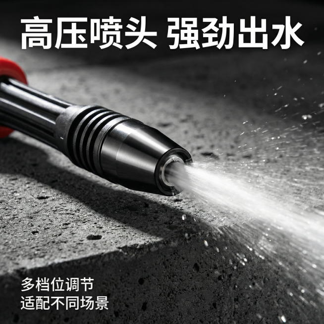 [主图 3] 产品细节微距特写
[氛围/风格] 高级质感，微距特写，清晰锐利
[画面元素] 保持原洗车枪产品外观形状不变，微距展示喷头出水口细节，产品放置在深色质感水泥台面上，背景虚化突出喷头细节，侧预览效果